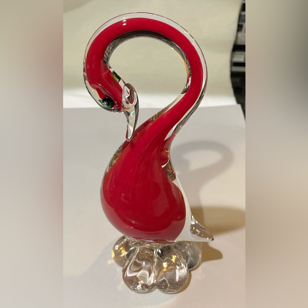 Vtg Murano Hand Blown Glass Red Swan Long Neck Green Eyes Italy